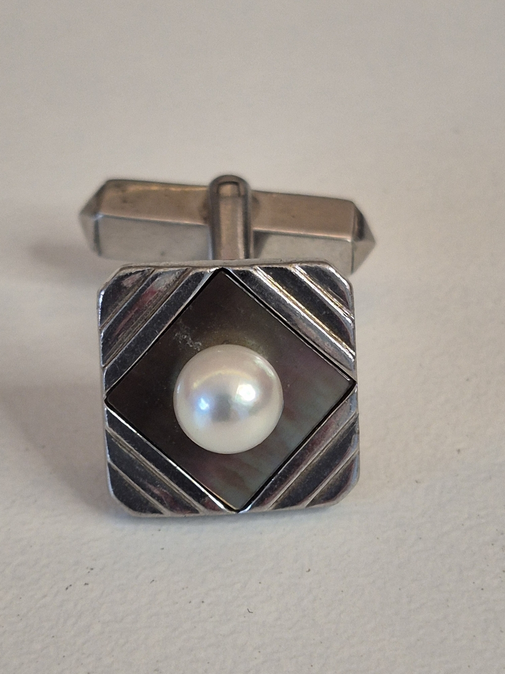 Mikimoto Akoya Pearl Single Cufflink On Mother Of Prarl Shadow Box, Stamped